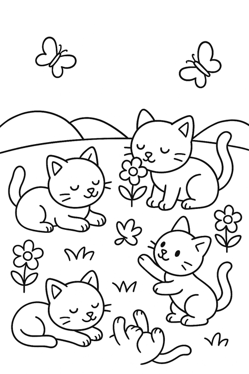 Mehrere Katzen spielen und ruhen auf einer Wiese zwischen Blumen – Malvorlage für Kinder zum Ausmalen