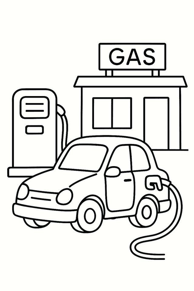 Auto an der Tankstelle Ausmalbild – Malvorlagen für Kinder zum Ausmalen