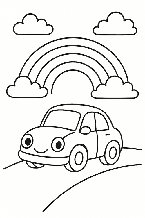Malvorlage Auto unter Regenbogen für Kinder zum Ausmalen