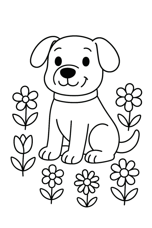 Ausmalbild Hund sitzt auf einer Blumenwiese, umgeben von vielen Blumen