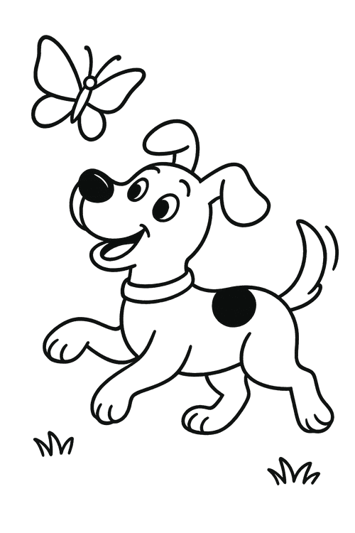 Ausmalbild: Hund jagt Schmetterling auf einer Wiese, fröhliche Szene im Comicstil zum Ausmalen für Kinder