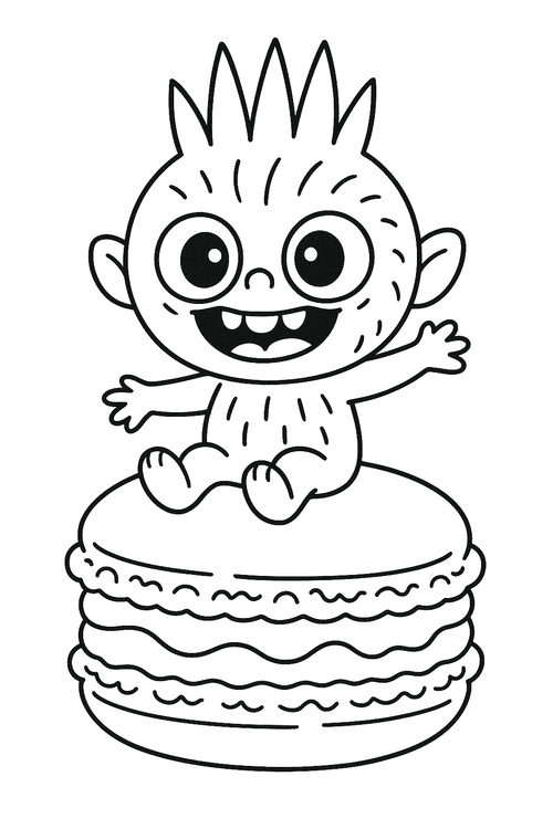 Labubu sitzt lachend auf einem großen Macaron, Ausmalbild für Kinder