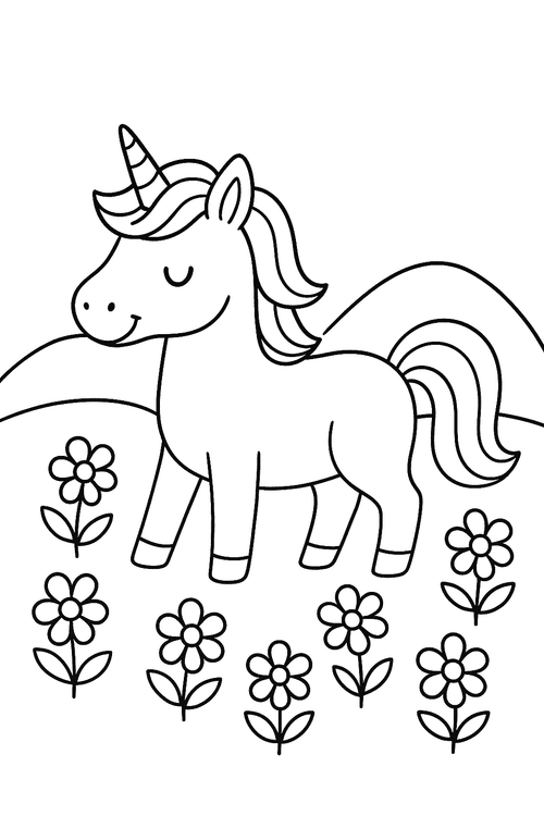 Malvorlage eines Einhorns auf einer Blumenwiese für Kinder