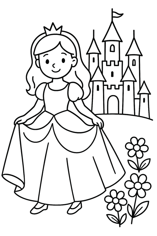 Ausmalbild einer Prinzessin im Ballkleid vor einem Schloss
