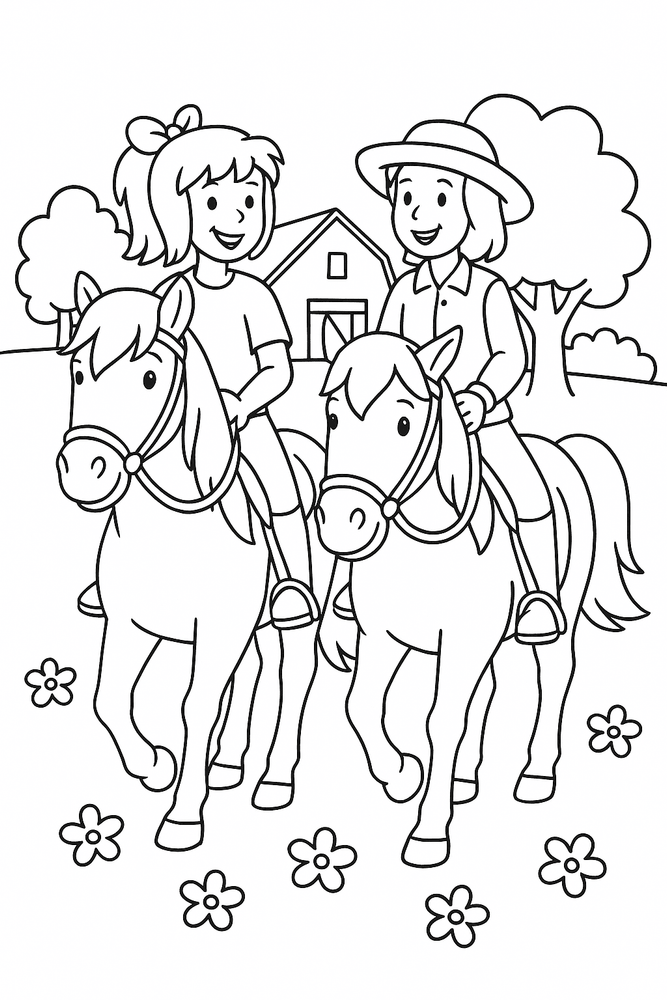 Bibi und Tina reiten nebeneinander auf ihren Pferden über eine Wiese, bereit als Malvorlage zum Ausmalen.