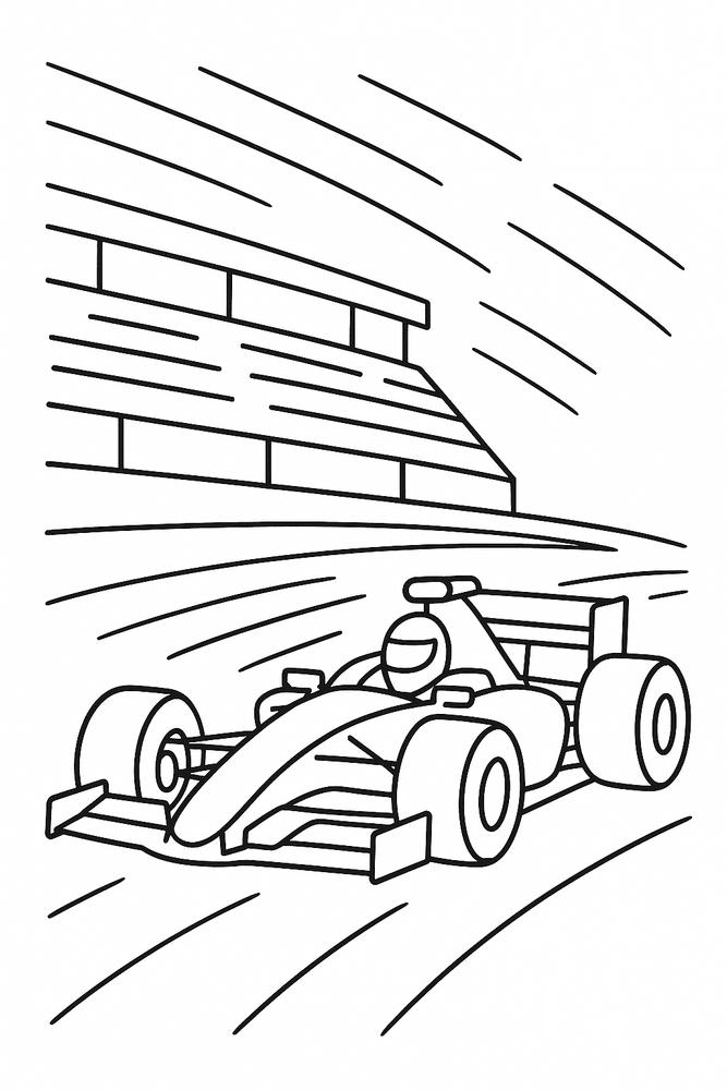 Formel-1-Auto auf Rennstrecke in Monza als Ausmalbild für Kinder