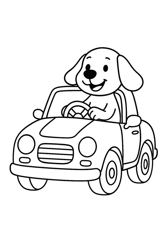 Ausmalbild: Auto mit Hund als Fahrer hinter dem Steuer, kindgerecht gezeichnet