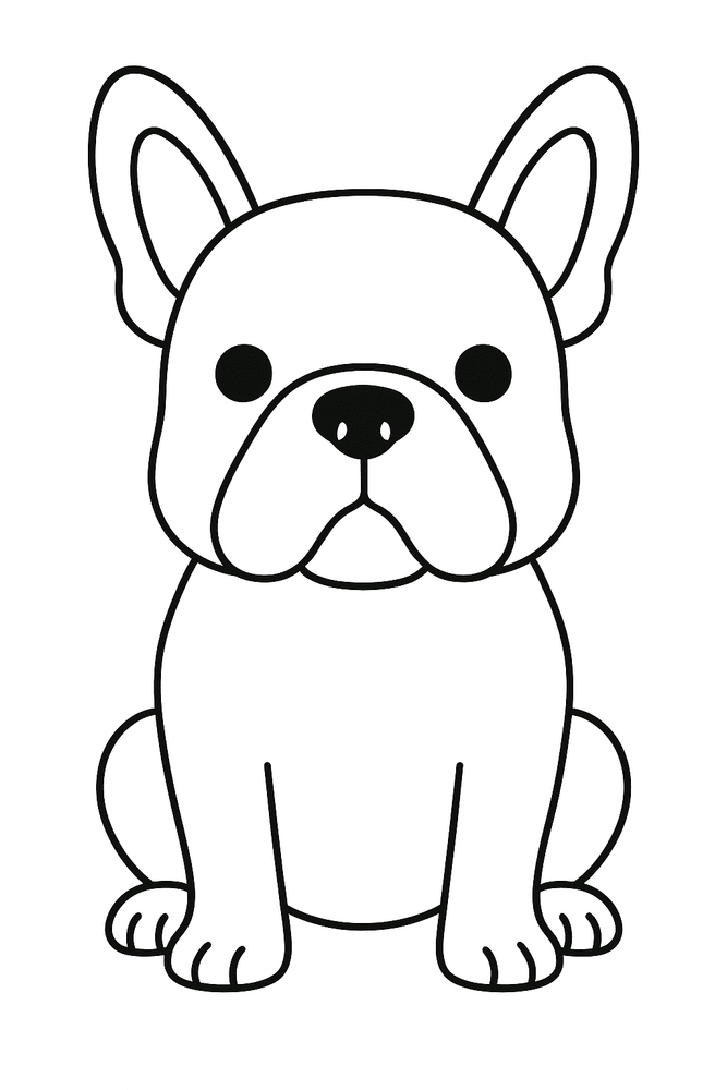 Malvorlage einer sitzenden, freundlichen Bulldogge zum Ausmalen für Kinder