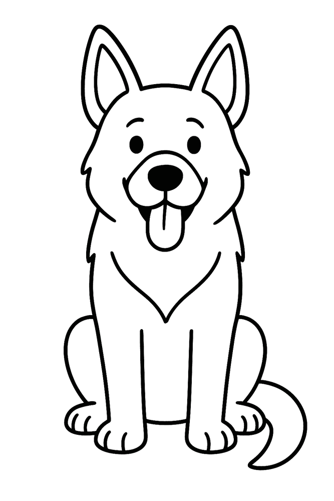 Ausmalbild eines deutschen Schäferhunds, freundlich stehend mit typischem Aussehen, Malvorlage für Kinder