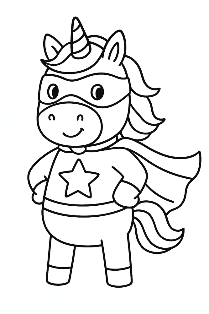 Ausmalbild: Einhorn als Superheld mit Umhang und Maske