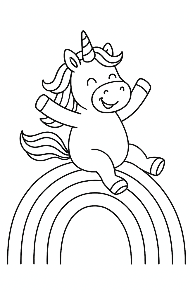 Einhorn rutscht lachend auf einem Regenbogen – Ausmalbild für Kinder