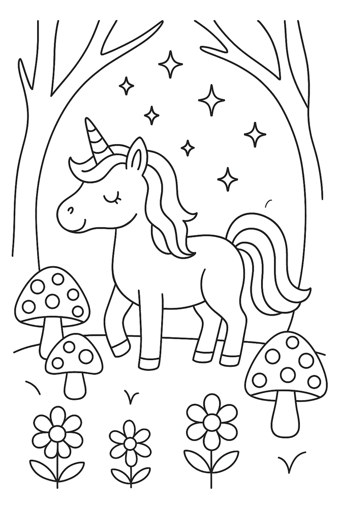Ausmalbild Einhorn im Zauberwald – Malvorlage für Kinder mit Bäumen, Pilzen und Blumen