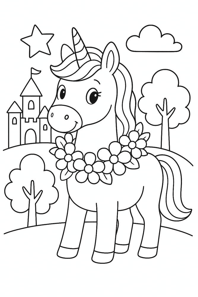 Malvorlage Einhorn mit Blumenkranz – ein freundliches Einhorn mit Blumen um den Hals als Ausmalbild für Kinder.