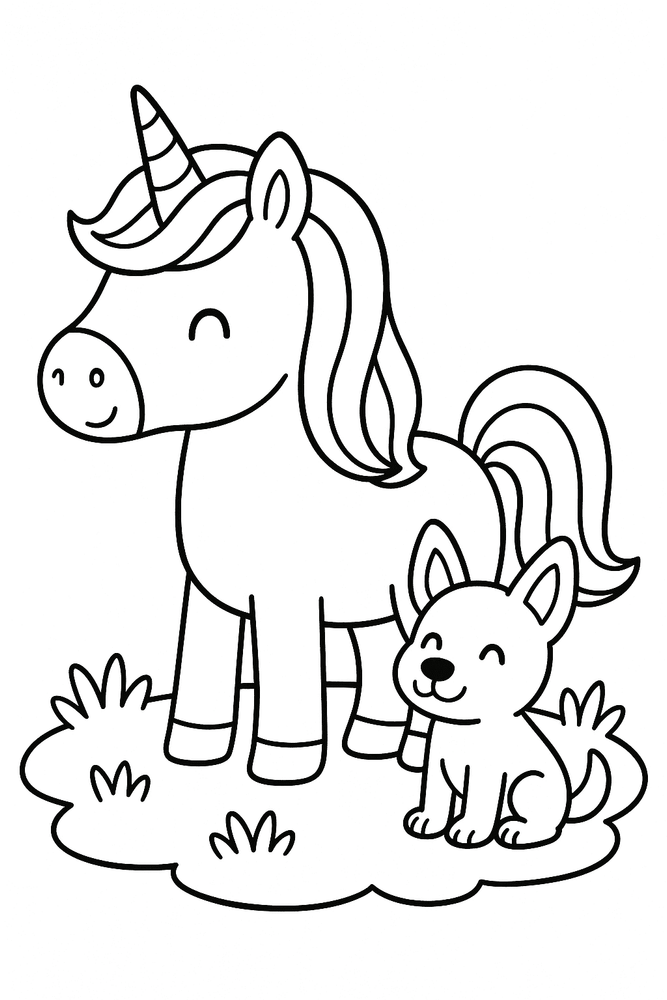 Einhorn mit einem Hund als Ausmalbild – freundliche Szene zum Ausmalen für Kinder