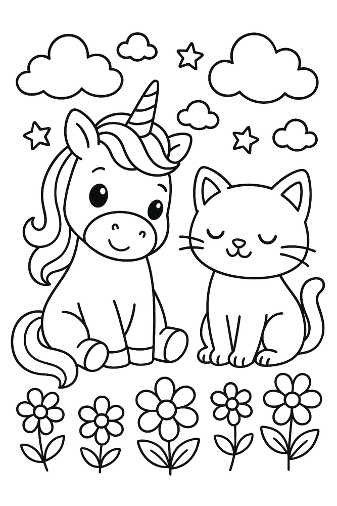 Ausmalbild: Einhorn sitzt mit Katze auf einer Wiese, umgeben von Blumen und Sternen, kindgerechte Malvorlage