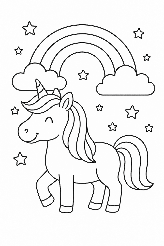 Ausmalbild Einhorn mit Regenbogen, kindgerechte Malvorlage, fröhliches Einhorn unter einem Regenbogen, mit Wolken und Sternen im Hintergrund.
