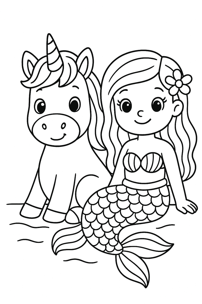 Einhorn und Meerjungfrau als Malvorlage für Kinder – sitzen zusammen am Wasser