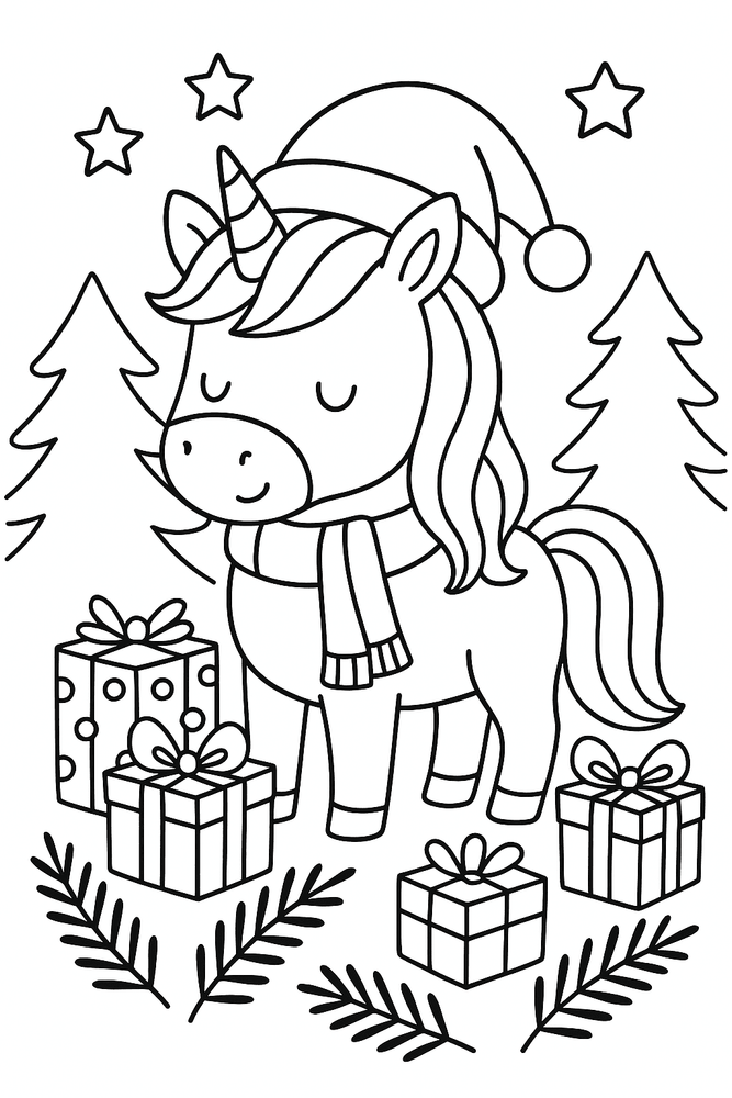 Einhorn zu Weihnachten als Ausmalbild im verschneiten Wald mit Geschenken und Sternen