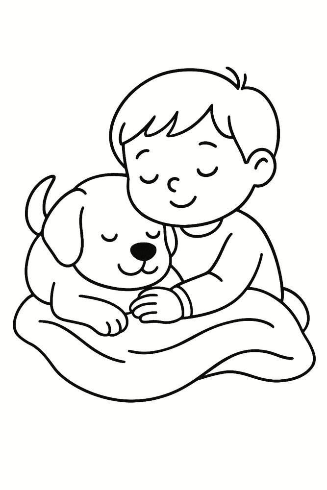 Malvorlage: Hund kuschelt mit Kind auf einer Decke – Ausmalbild für Kinder