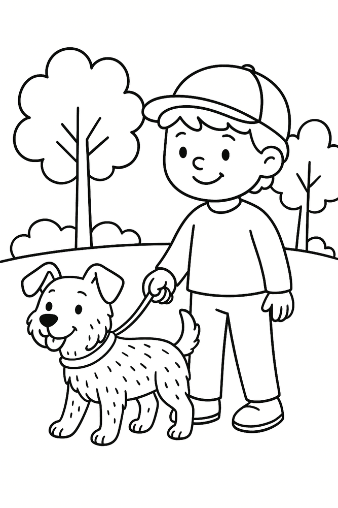 Ausmalbild Hund an der Leine mit Kind zum Ausdrucken