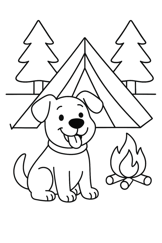 Hund beim Camping als Ausmalbild: Fröhlicher Hund sitzt vor Zelt neben Lagerfeuer, umgeben von Bäumen, Malvorlage für Kinder