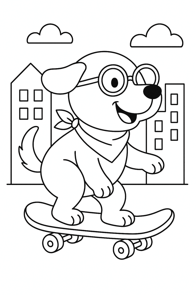 Ausmalbild: Hund fährt Skateboard, detailreiche Malvorlage mit lustigem Motiv