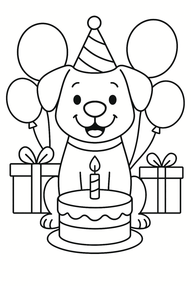 Hund feiert Geburtstag Ausmalbild – Hund mit Partyhut, Torte, Luftballons und Geschenken