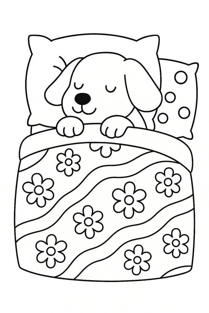 Detailreiches Ausmalbild: Ein Hund liegt unter einer Decke im Bett, umgeben von Kissen und Mustern, ideal als Malvorlage für Kinder.