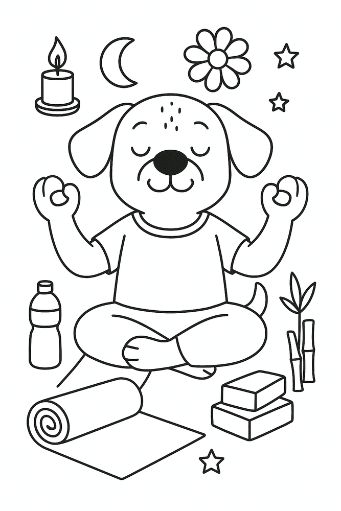 Hund macht Yoga auf einer Matte – Malvorlage zum Ausmalen für Kinder