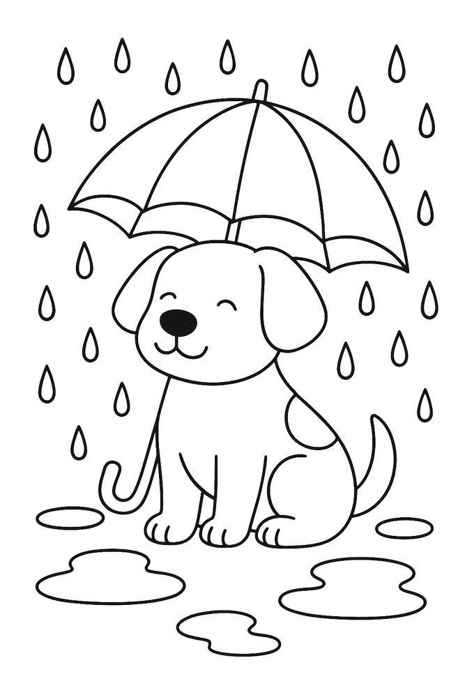 Ausmalbild Hund unter einem Regenschirm im Regen, einfach und kinderfreundlich gezeichnet