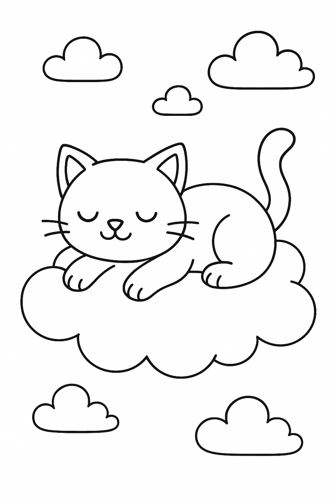Ausmalbild einer süßen Katze, die entspannt auf einer Wolke liegt