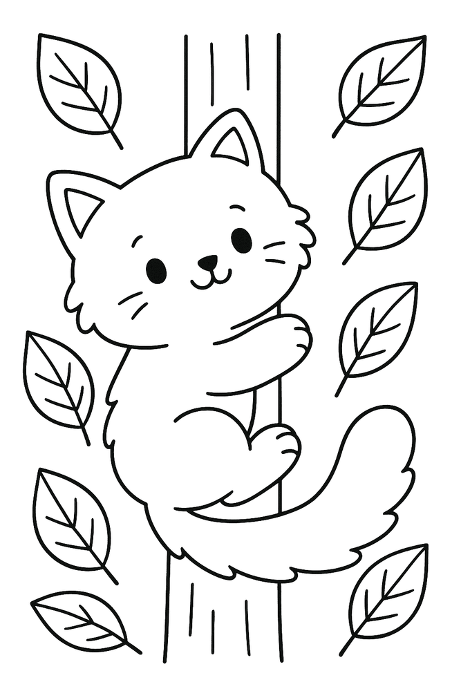 Ausmalbild: Katze klettert auf einen Baum – einfache Malvorlage für Kinder