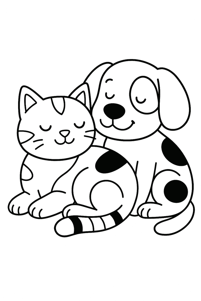 Ausmalbild: Katze kuschelt mit Hund – freundschaftliche Tiere zum Ausmalen