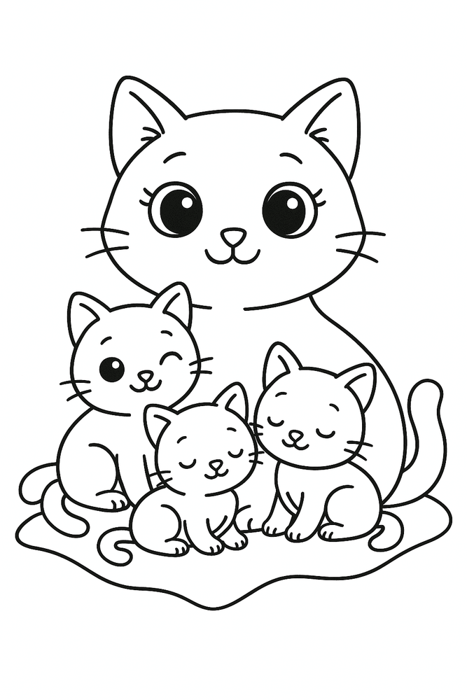Ausmalbild Katze mit Babykatzen zum Ausmalen