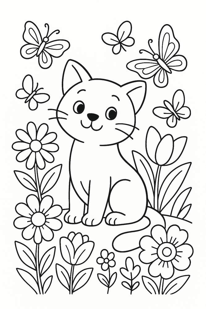 Malvorlage einer Katze zwischen Blumen und Schmetterlingen