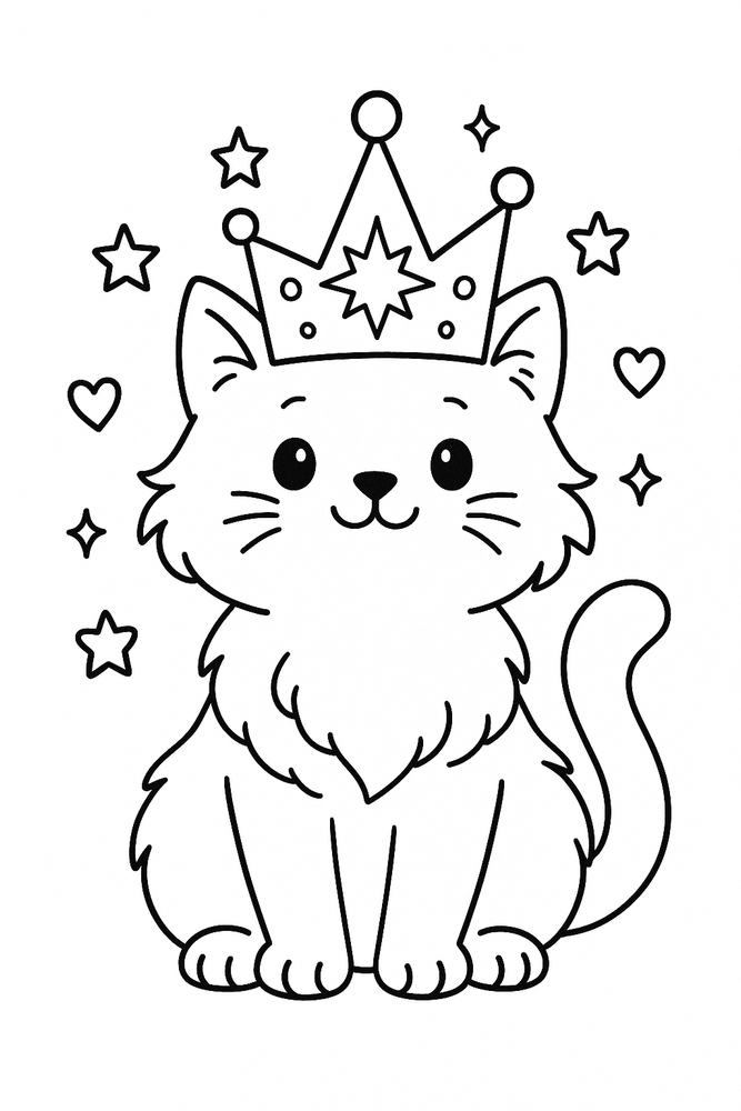 Ausmalbild einer süßen Katze mit großer Krone, ideal für Kinder zum Ausmalen.