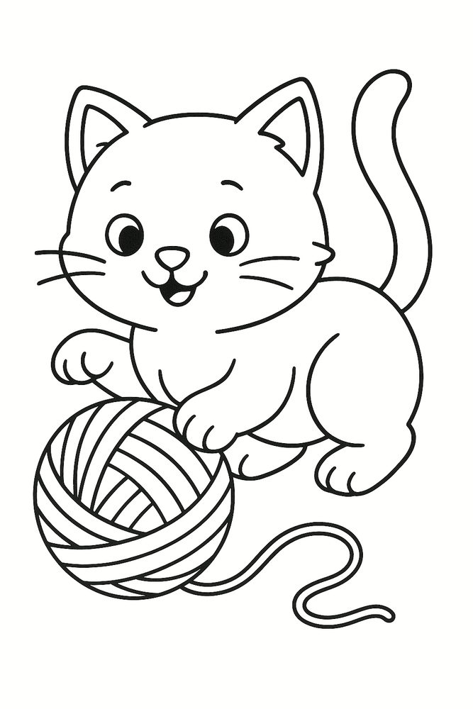 Ausmalbild: Katze spielt mit Wollknäuel, Malvorlage für Kinder, einfache Linienzeichnung