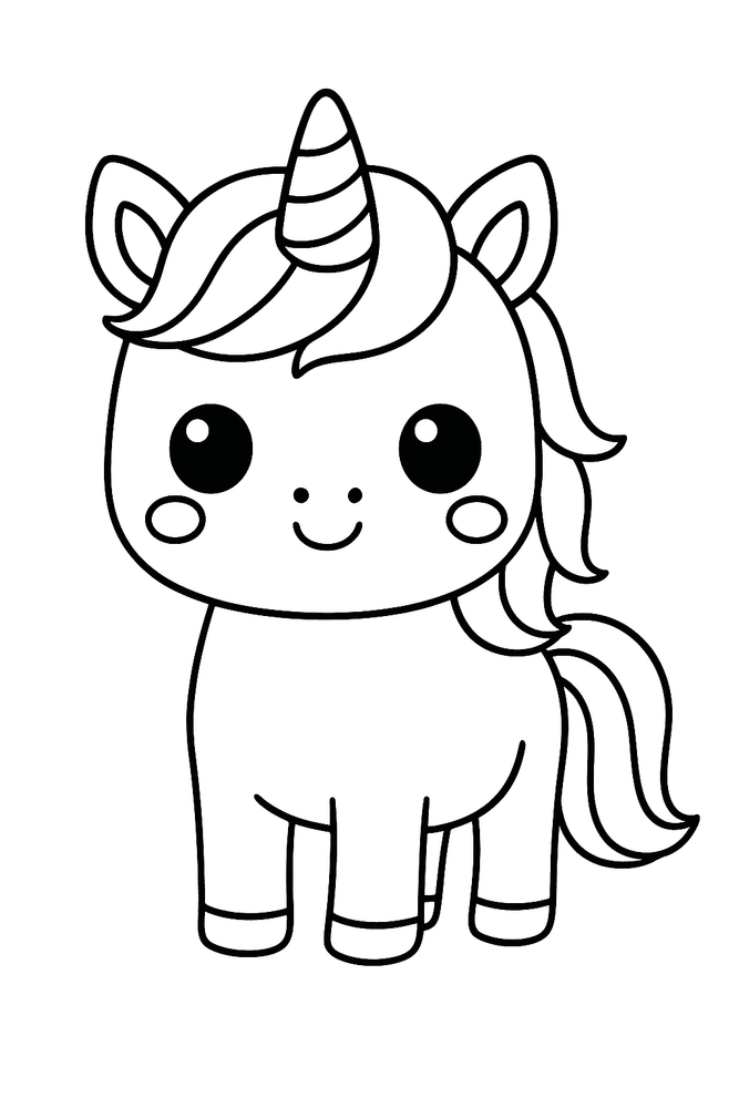 Kawaii-Einhorn Ausmalbild für Kinder – niedliches Cartoon-Einhorn mit großen Augen und flauschiger Mähne