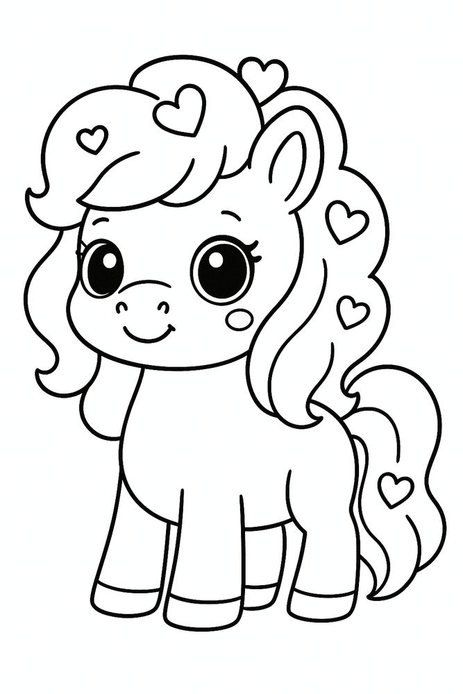Kawaii Pony Ausmalbild zum Ausmalen – niedliches Pony mit Herzchen-Mähne