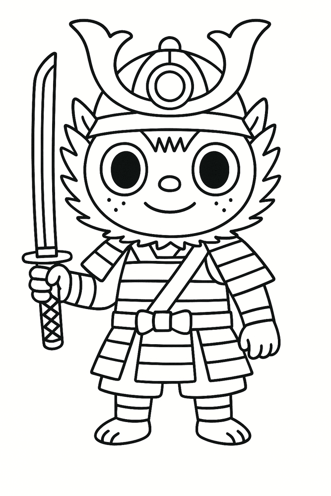 Ausmalbild: Labubu als Samurai mit Schwert für Kinder