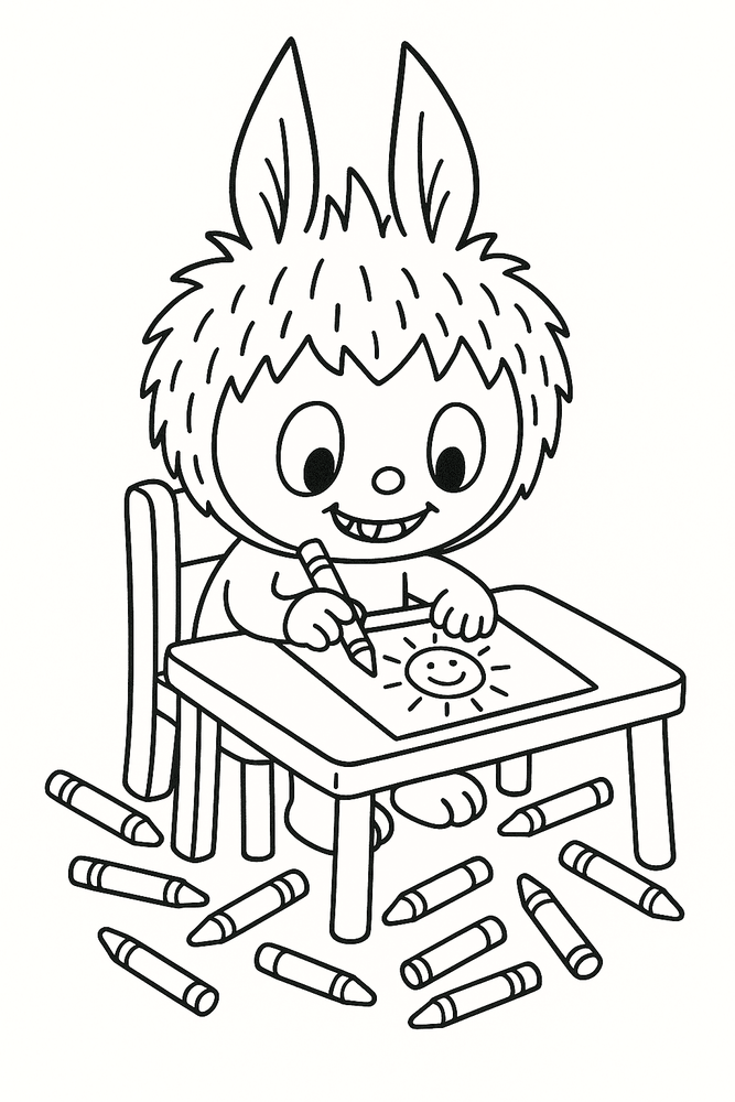 Labubu sitzt am Tisch und malt ein Bild, umgeben von Buntstiften als Ausmalbild für Kinder.