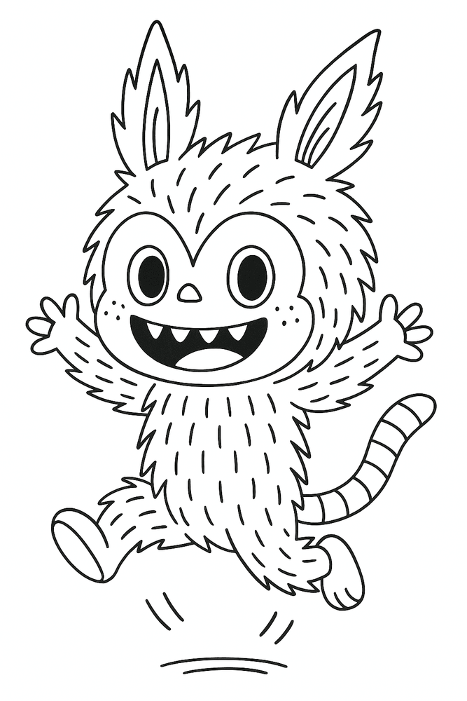 Ausmalbild Labubu mit viel Energie springend, Comic-Stil, kinderfreundlich