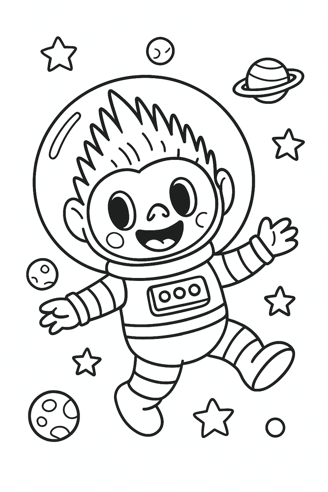 Labubu als Astronaut im Weltall – Ausmalbild mit Sternen und Planeten als Malvorlage