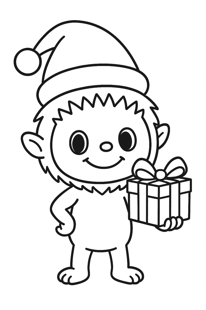 Labubu im Weihnachtskostüm mit Mütze, hält ein Geschenk, zum Ausmalen für Kinder