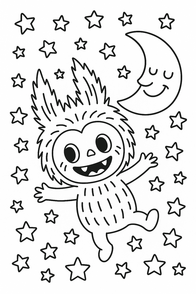 Labubu schwebt in einer Nacht voller Sterne mit einem lachenden Mond – Ausmalbild als Malvorlage für Kinder