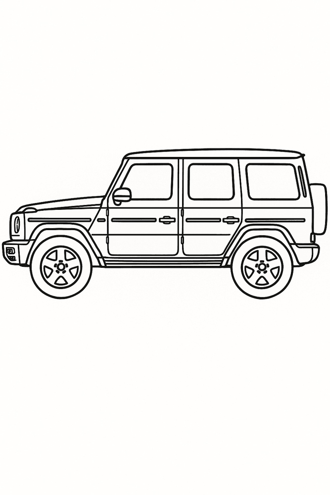 Ausmalbild eines Mercedes G Klasse Geländewagens – kinderfreundliche Malvorlage zum Ausmalen