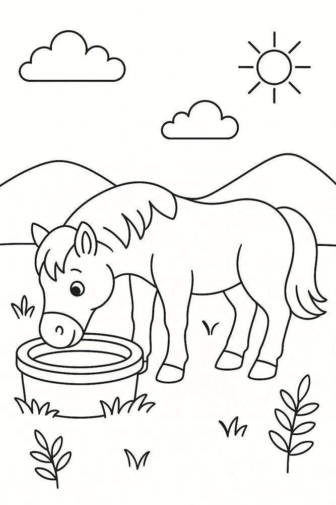 Ausmalbild Pferd beim Fressen an der Tränke – Malvorlage für Kinder