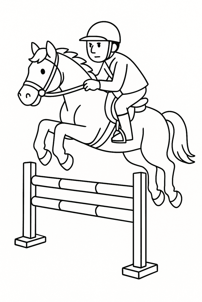 Ausmalbild: Pferd beim Springreiten, motivierendes Springreiten Malvorlage für Kinder