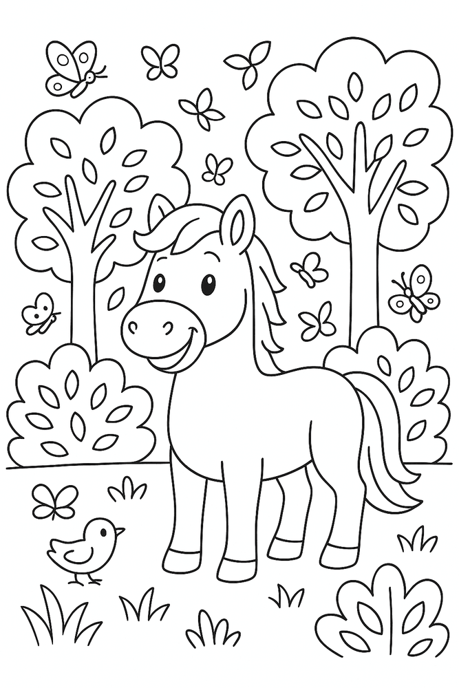 Malvorlage: Pferd steht auf einer Waldlichtung mit Bäumen und Schmetterlingen, detailliertes Ausmalbild für Kinder