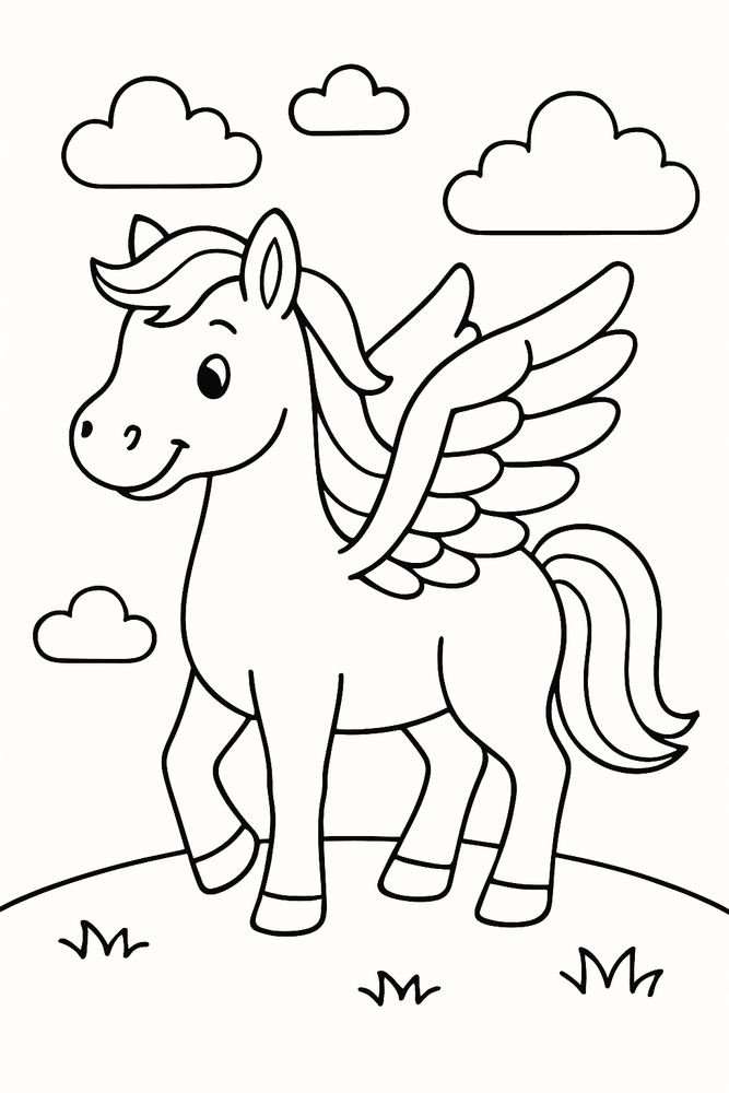 Malvorlage mit einem freundlichen Pegasus-Pferd mit großen Flügeln zum Ausmalen für Kinder